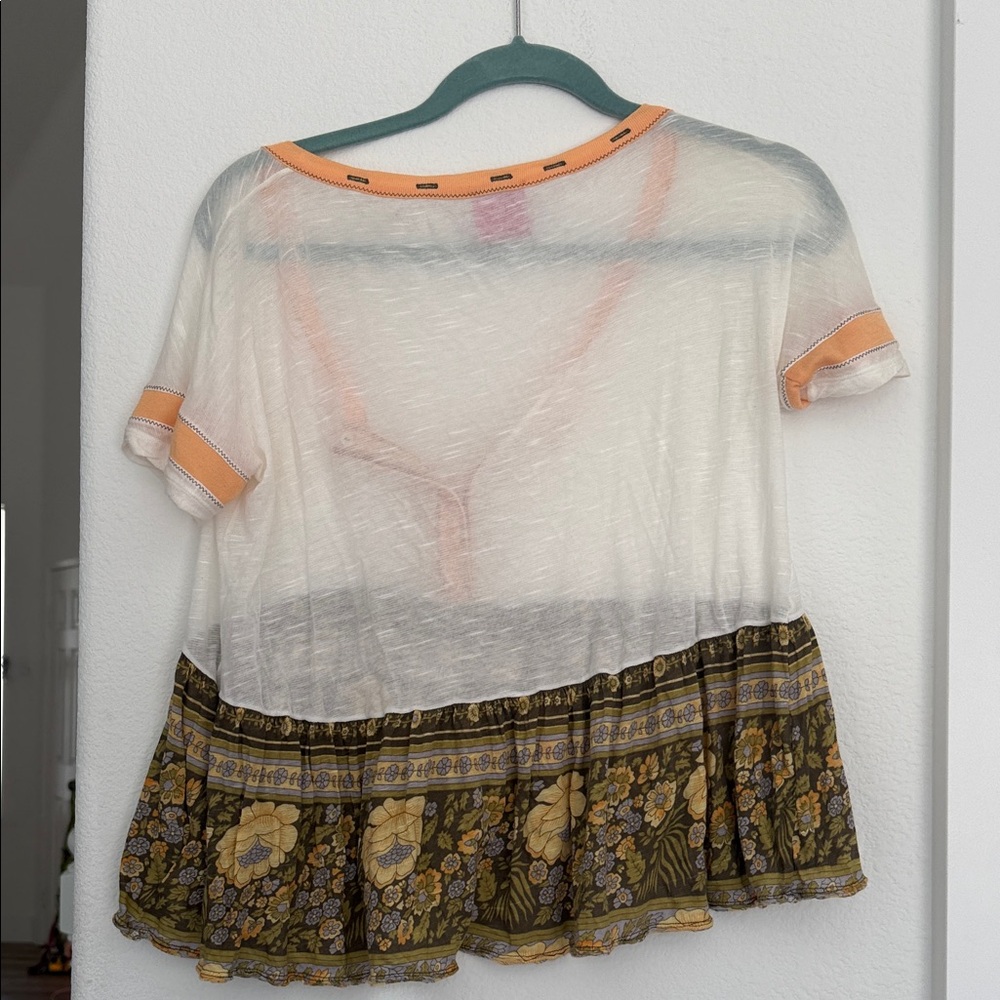 Free People Cream Scoop-Neck Blouse with Peach Trim & Olive Floral Hem - Picture 6 of 6